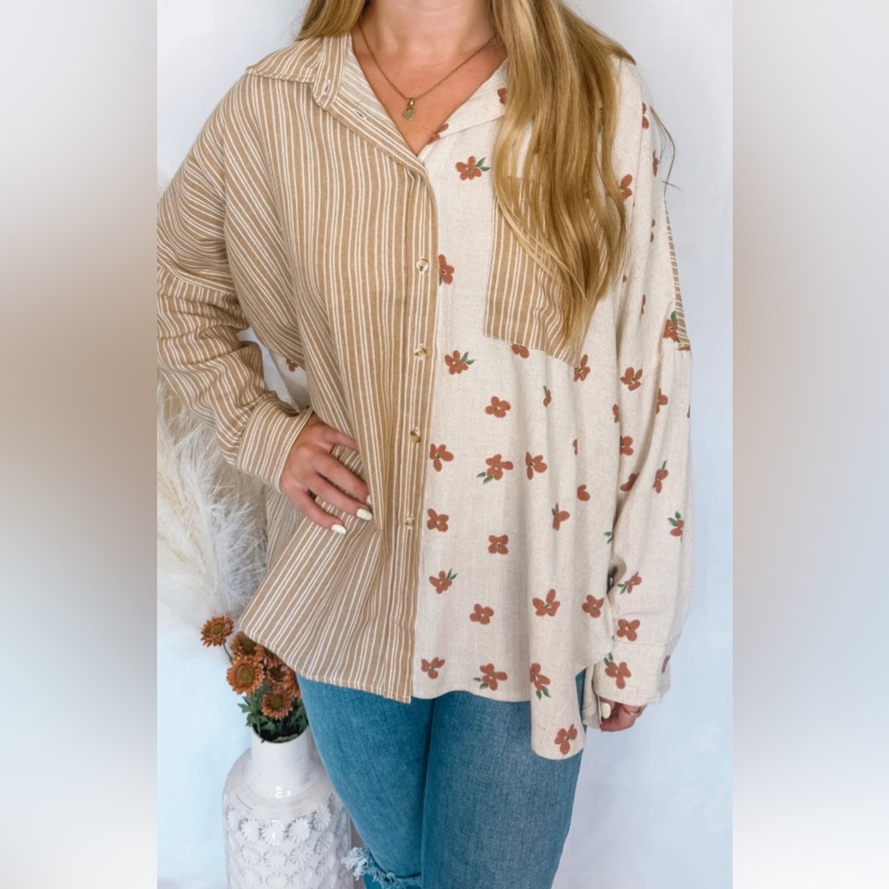 ❌SOLD❌BiBi Beige and Brown Striped Shirt - Picture 3 of 8